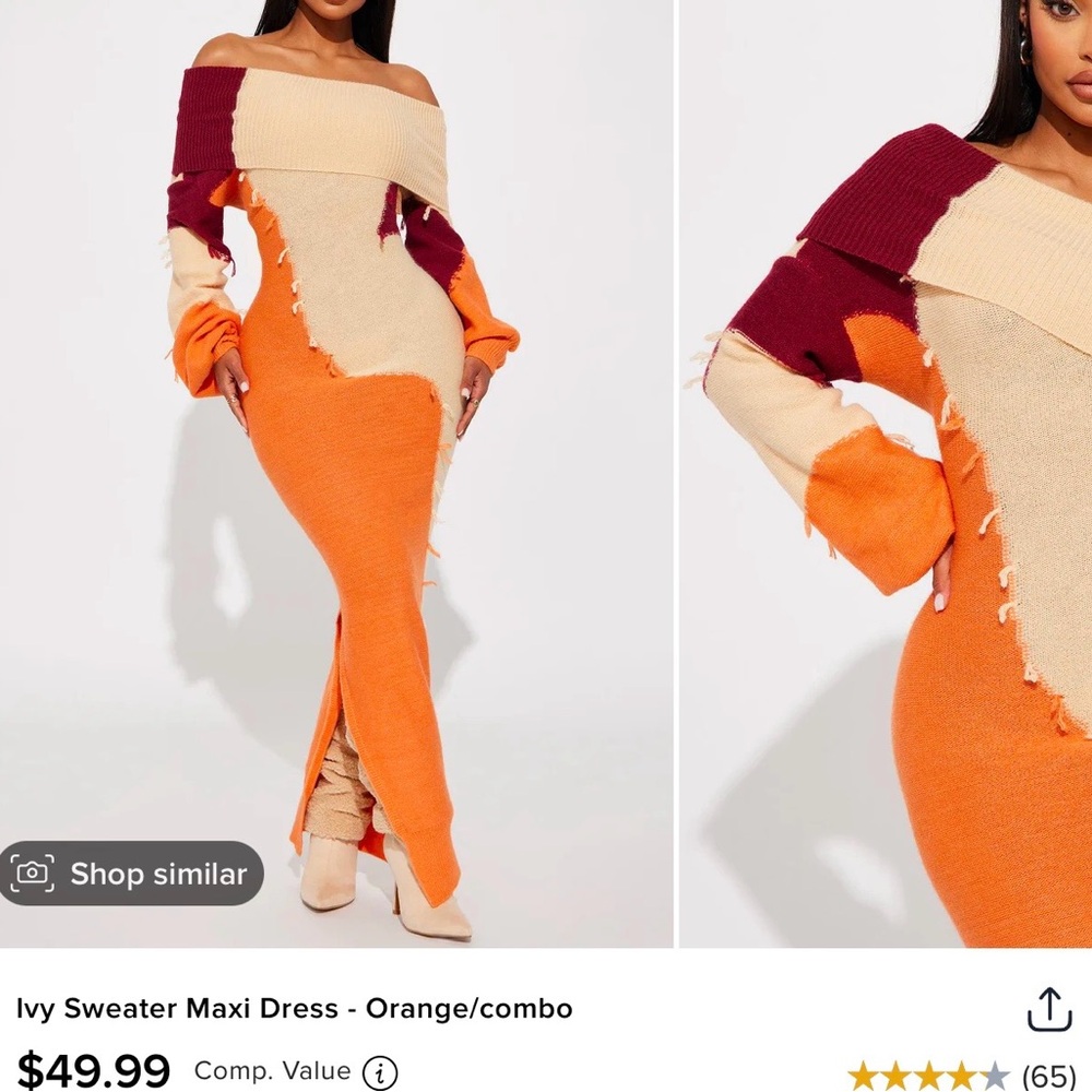 Fashion Nova Off-Shoulder Colorblock Maxi Dress - Orange, Cream, Burgundy